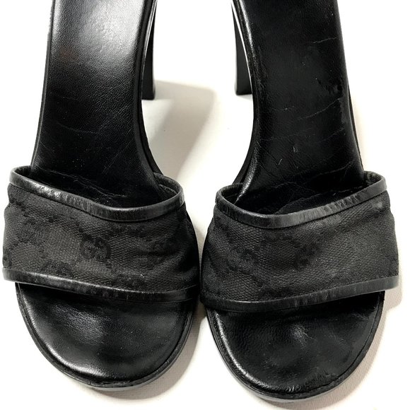 Gucci black monogram open toe mule block heel - Picture 2 of 11